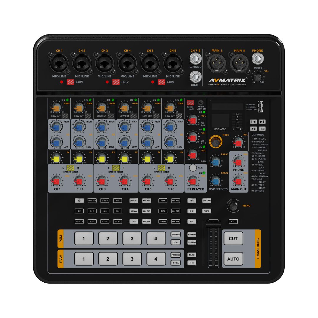 Front view of the AVMATRIX SHARK H4M 4-Channel HDMI AV Switcher showcasing its control panel.
