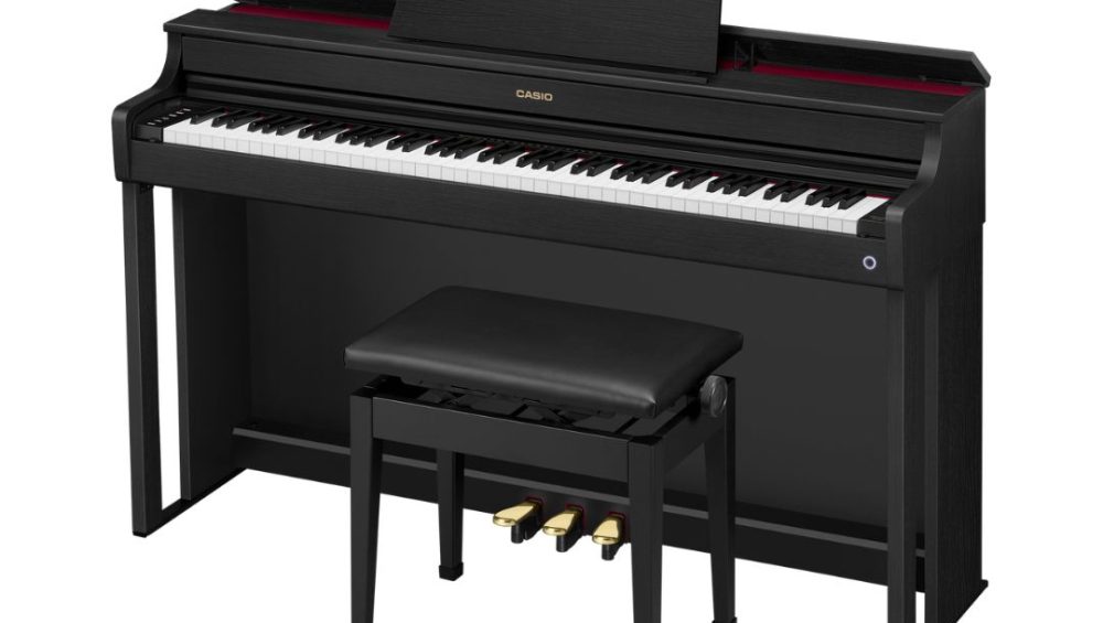 Black Casio Celviano AP-300 Console Digital Piano with bench. Displayed prominently, showcasing its sleek design and elegant finish.