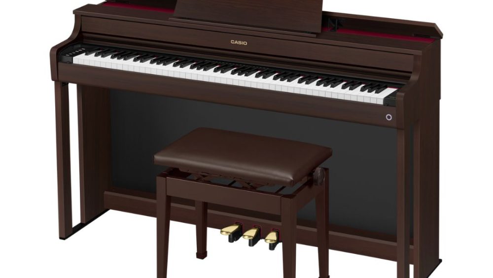 Brown Casio Celviano AP-300 Console Digital Piano with bench. Displayed prominently, showcasing its sleek design and elegant finish.