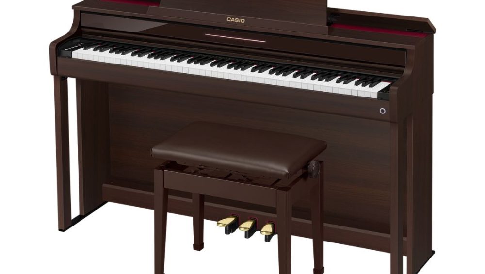 Brown Casio Celviano AP-550 digital piano with bench displayed prominently, showcasing its sleek design and modern features.