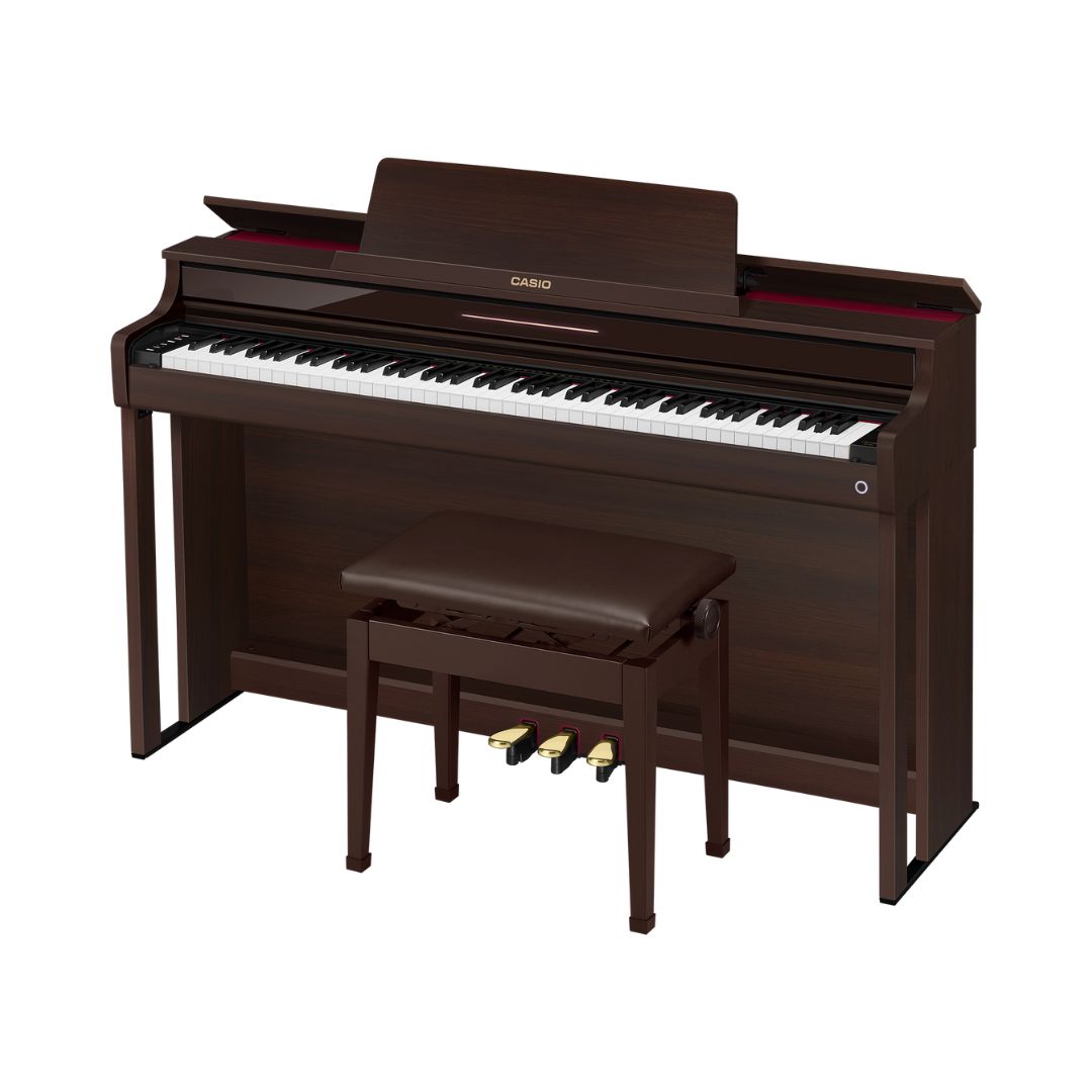 Brown Casio Celviano AP-550 digital piano with bench displayed prominently, showcasing its sleek design and modern features.