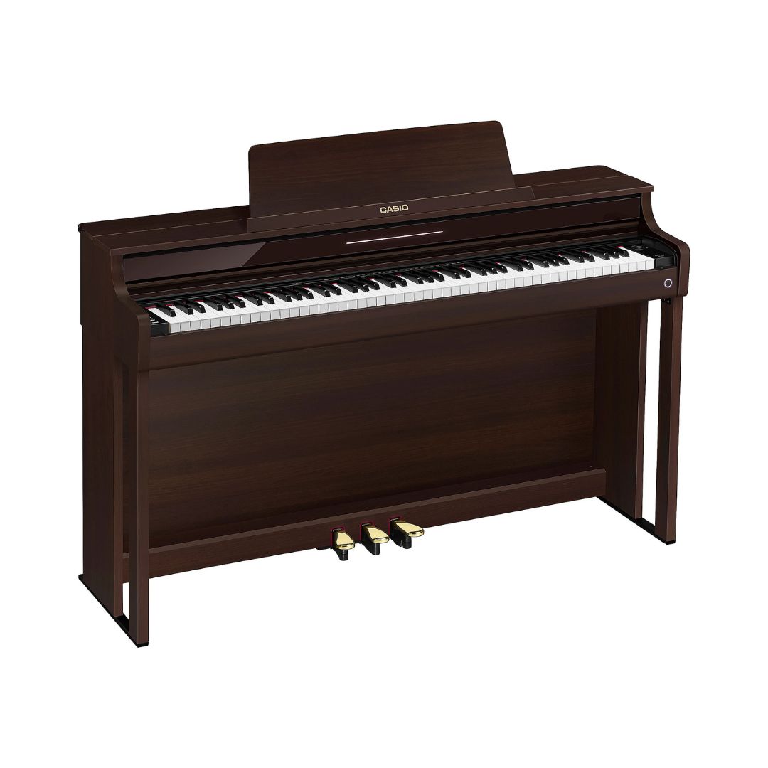 Brown Casio Celviano AP-550 digital piano displayed prominently, showcasing its sleek design and modern features.