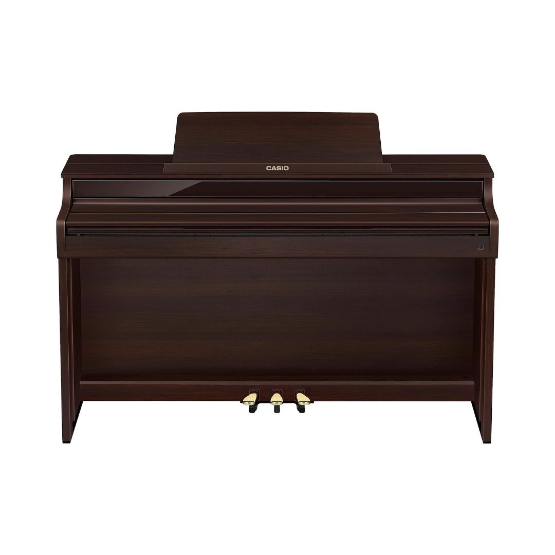 Brown Casio Celviano AP-550 digital piano displayed prominently, showcasing its sleek design and modern features.