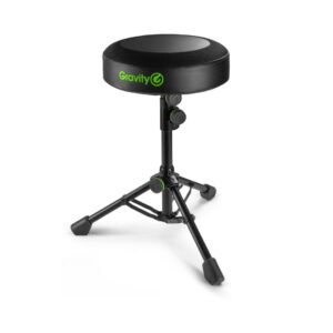 Black foldable stool with adjustable height, featuring a green Gravity logo on the seat. Ideal for musicians.