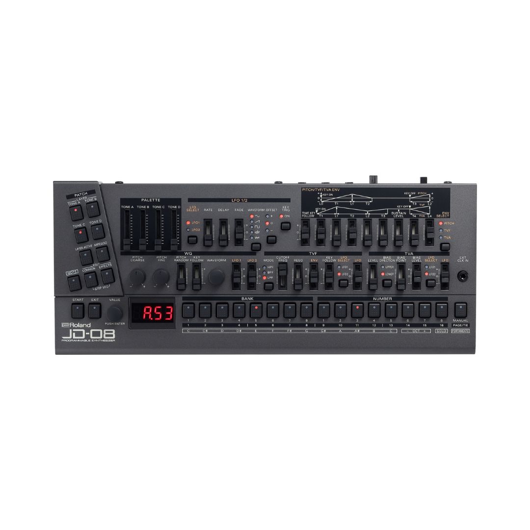 Roland Boutique JD-08 Programmable Synthesizer Module displayed on a white plain background