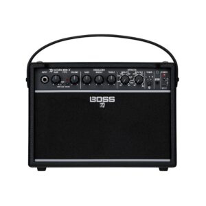 Katana-Mini X portable guitar amp featuring six analog tones, dual effects, tuner, Bluetooth, and rechargeable battery for jamming.