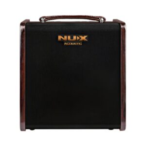 Close-up of the NUX AC-80 Stageman 2 Charge Acoustic Guitar Amplifier, showcasing its knobs and design features.