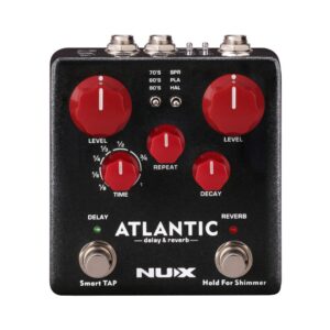 NUX NDR-5 Atlantic Delay & Reverb Effects Pedal with a soft-touch fuzz finish, designed for musicians and sound enthusiasts.
