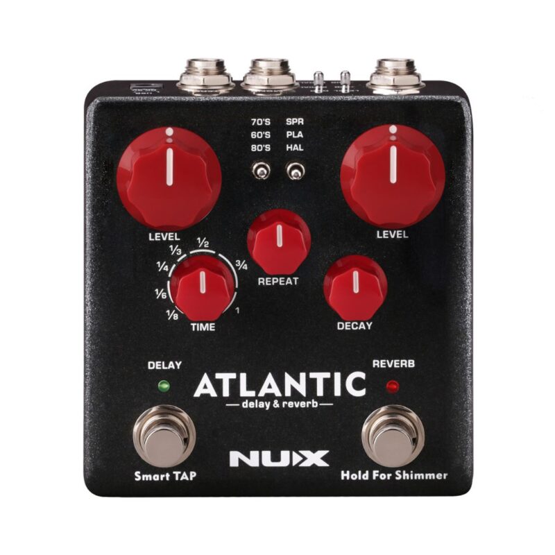 NUX NDR-5 Atlantic Delay & Reverb Effects Pedal with a soft-touch fuzz finish, designed for musicians and sound enthusiasts.