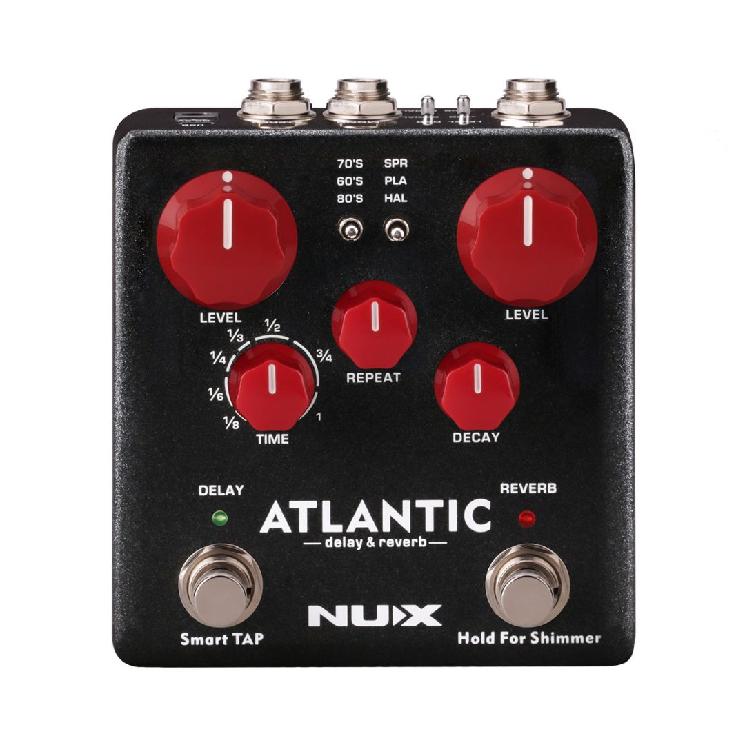NUX NDR-5 Atlantic Delay & Reverb Effects Pedal with a soft-touch fuzz finish, designed for musicians and sound enthusiasts.