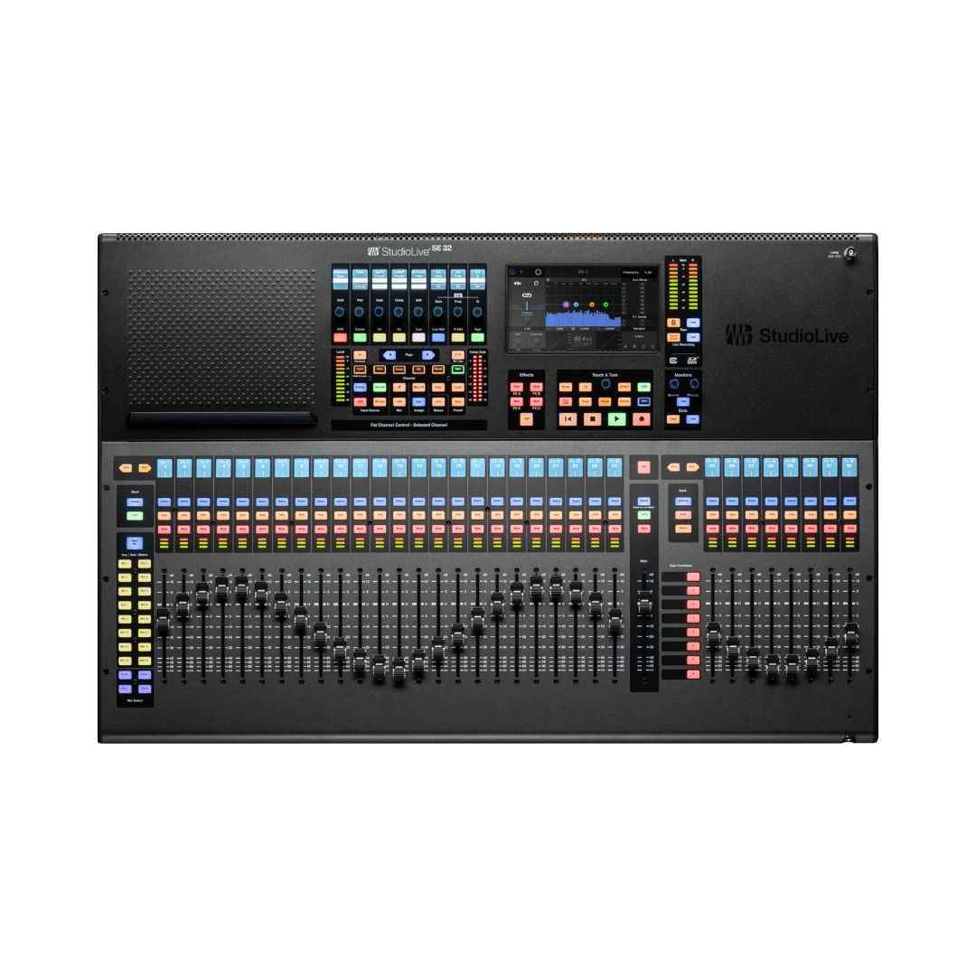 Presonus StudioLive Series III SE 32 digital console mixer with multiple faders and knobs for audio mixing and control.