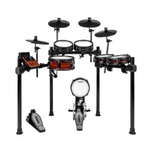 Black and orange Alesis Nitro Pro XL electronic drum set with ten pieces and Bluetooth connectivity.