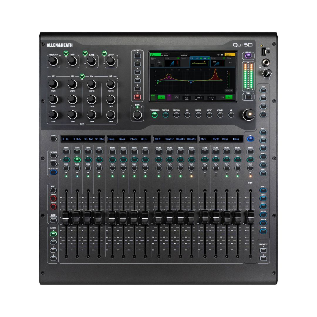 Allen & Heath Qu-5D digital mixer with 36 channels, 12 buses, 16 motorized faders and Dante Interface for mixing and mastering audio.