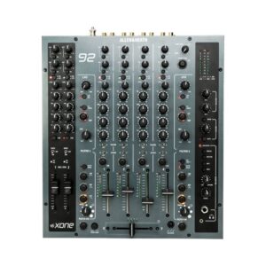 Allen & Heath XONE:92 MK2 mixer displaying buttons and knobs for 4+2 channel control, designed for DJs and clubs.