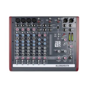 Allen & Heath ZED-10 mini mixer with multiple input channels and controls for audio mixing in a compact design.