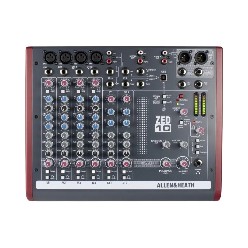 Allen & Heath ZED-10 mini mixer with multiple input channels and controls for audio mixing in a compact design.