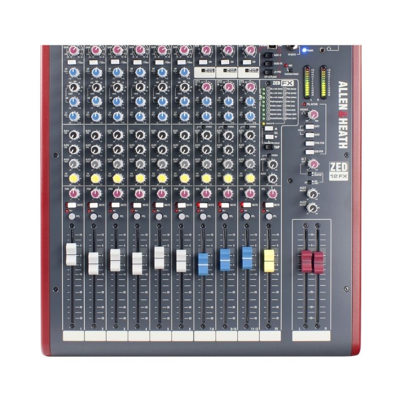 Allen & Heath ZED-12FX 12-channel USB analog mixer featuring built-in effects and multiple input options.