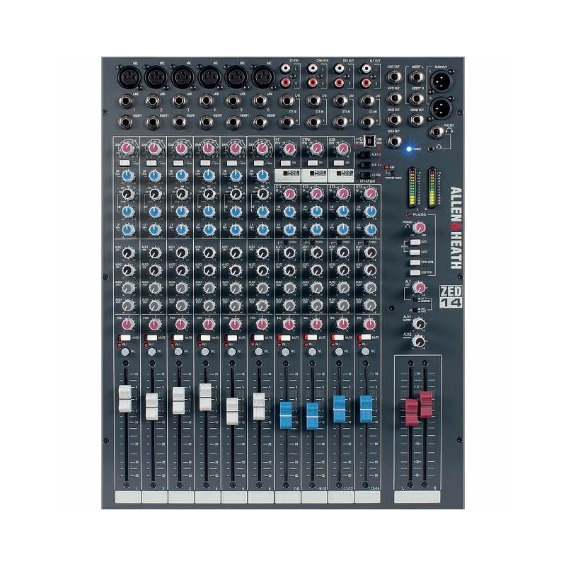 Allen & Heath ZED-14 compact 14-channel USB analog mixer with multiple input options and controls for audio mixing.