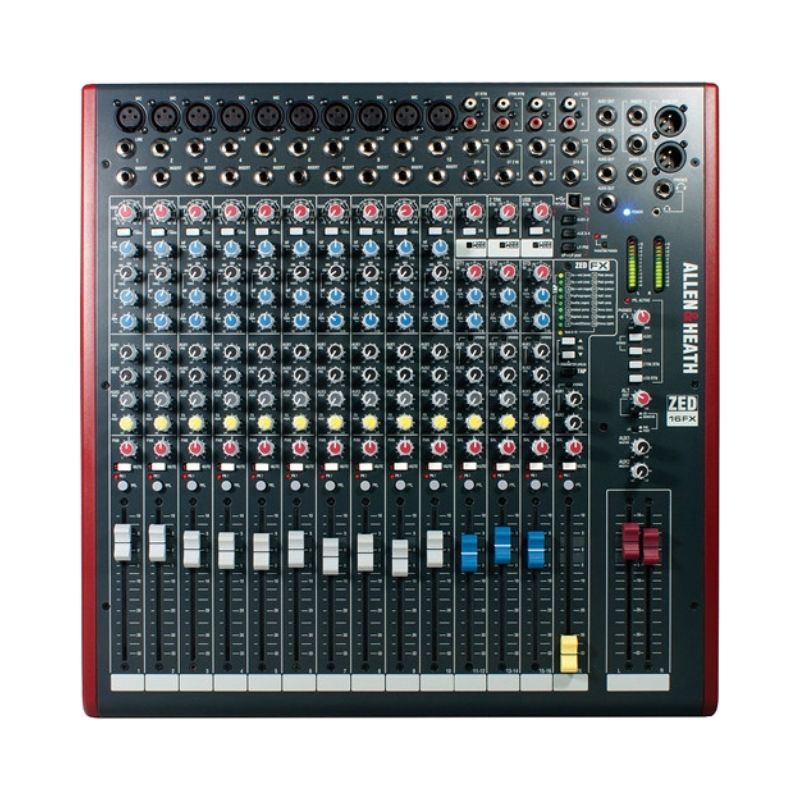Allen & Heath ZED-16FX 16-channel USB analog mixer with built-in effects, showcasing its sleek design and control layout.