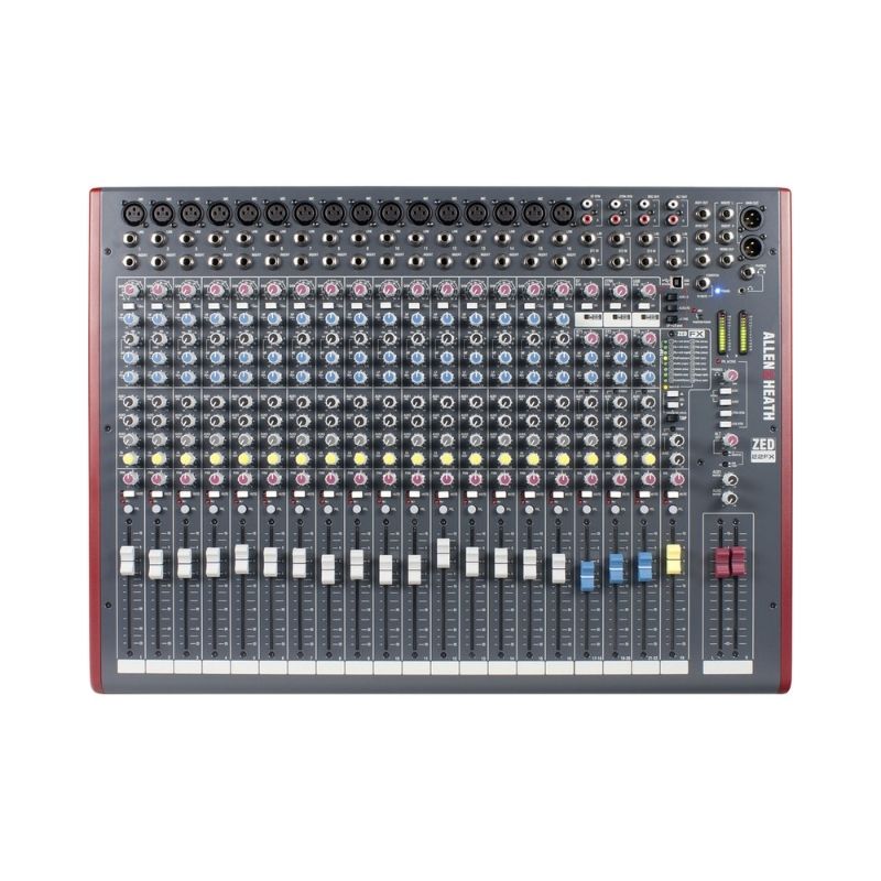 Allen & Heath ZED-22FX 22-channel USB analog mixer with built-in effects, showcasing multiple input controls and outputs.