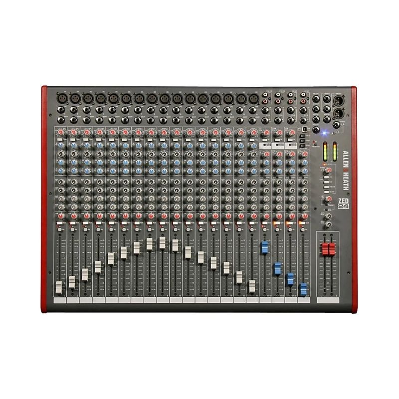 Allen & Heath ZED-24, a 24-channel USB analog mixer, showcasing its compact design and multiple input options.