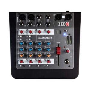 Allen & Heath ZED-6 compact analog mixer, showcasing its controls and input/output connections.
