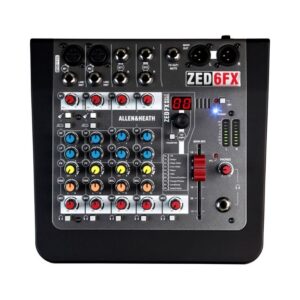 Allen & Heath ZED-6FX mixer, a compact analog device for mixing and mastering music with built-in effects.