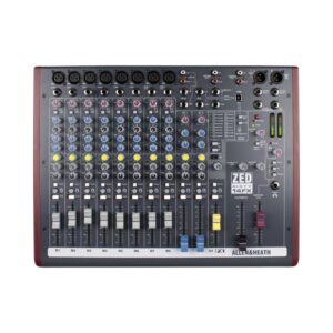 All-in-one Allen & Heath ZED60-14FX mixer in red and black, designed for live and studio use with built-in effects.