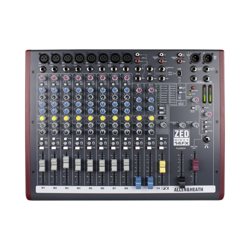 All-in-one Allen & Heath ZED60-14FX mixer in red and black, designed for live and studio use with built-in effects.
