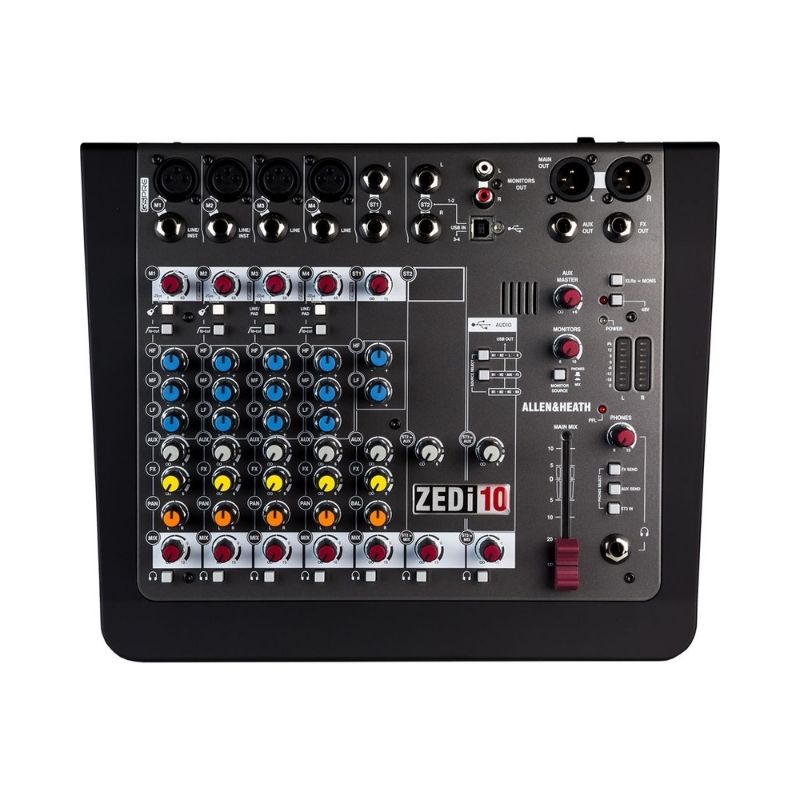 Allen & Heath ZEDi-10 Compact Hybrid Mixer/USB Interface displayed on a plain white background, showcasing its controls and connections.