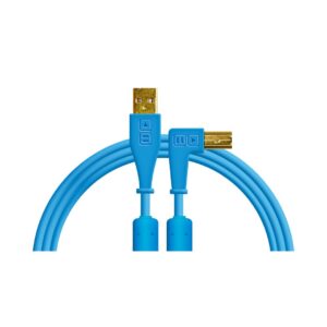 DJ TechTools blue USB A to B angled cable featuring two ends for connecting devices.