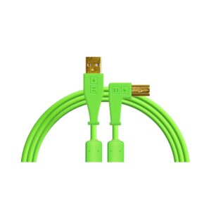 DJ TechTools green USB A to B angled cable featuring two ends for connecting devices.