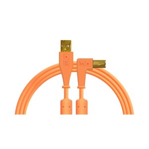 DJ TechTools neon orange USB A to B angled cable featuring two ends for connecting devices.