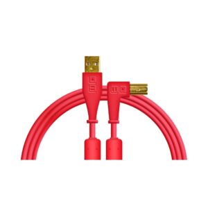 DJ TechTools red USB A to B angled cable featuring two ends for connecting devices.