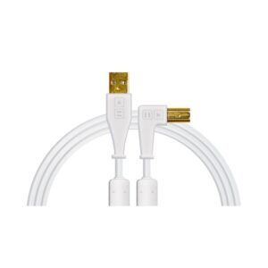 DJ TechTools white USB A to B angled cable featuring two ends for connecting devices.