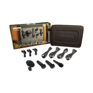 Shure PGAStudioKit4, featuring four studio microphones and accessories neatly arranged in a protective box.