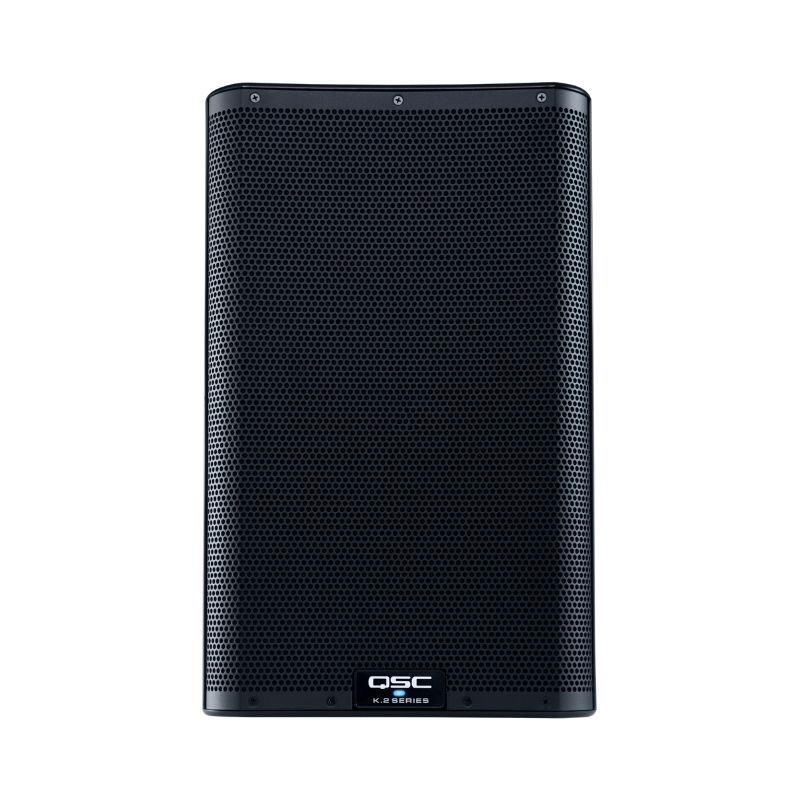 QSC K10.2 powered speaker, 10-inch, 2000W, designed for professional audio with built-in DSP technology.