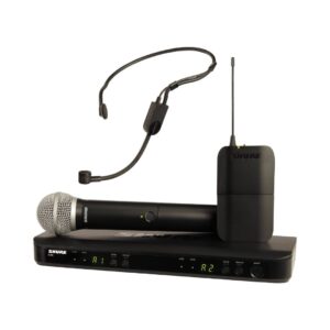 Shure BLX1288/P31 wireless system featuring a headset and handheld microphone for clear audio performance.