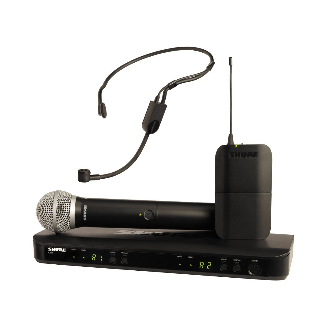 Shure BLX1288/P31 wireless system featuring a headset and handheld microphone for clear audio performance.