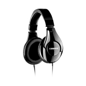 Black Shure SRH240A closed-back over-ear studio headphones on a plain white background.