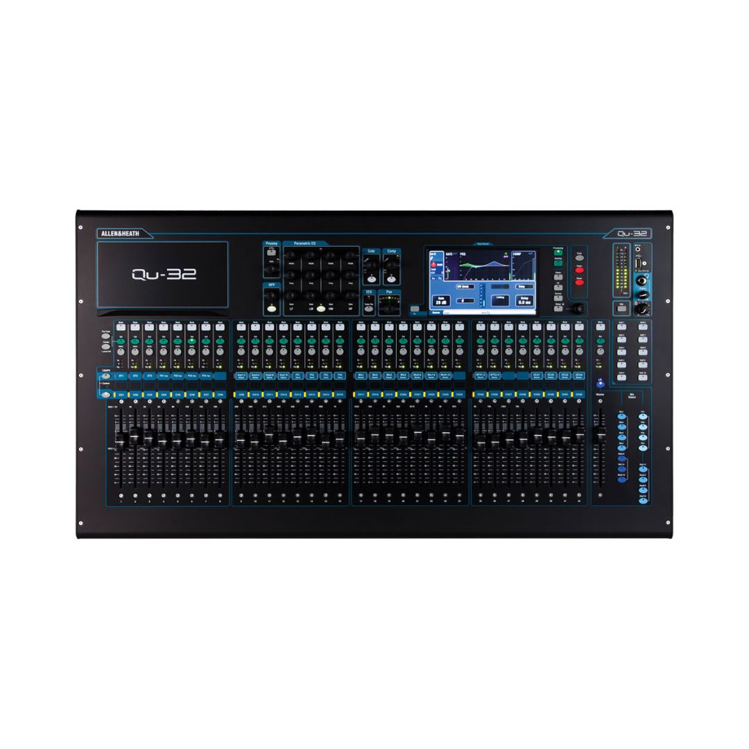 Allen & Heath Qu-32 digital mixer with 38 inputs and 28 outputs, featuring a sleek finish.