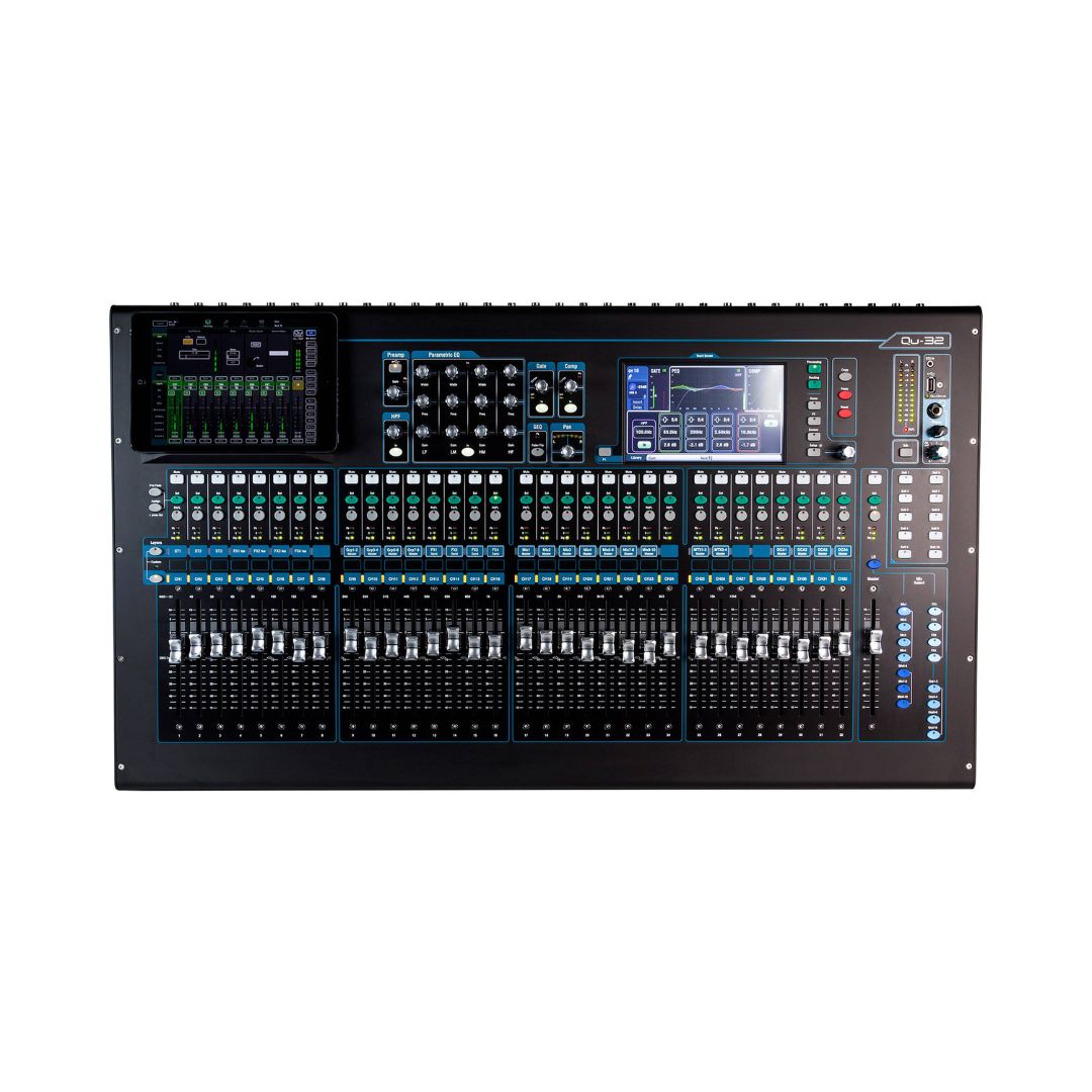 Allen & Heath Qu-32C digital mixer with 38 inputs and 28 outputs, featuring a sleek chrome finish.