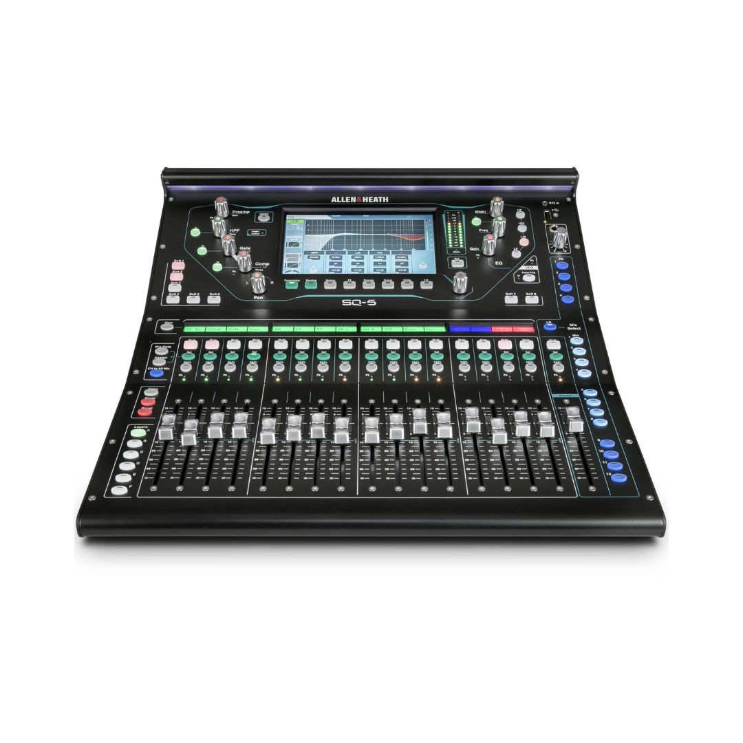 Allen & Heath SQ-5 digital mixer featuring 48 channels, 36 buses, and 16 motorized faders for professional audio mixing.