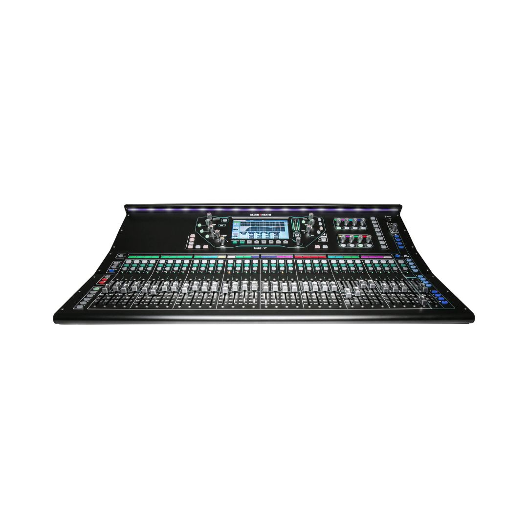 Allen & Heath SQ-7 digital mixer featuring 48 channels, 36 buses, and 33 motorized faders for professional audio mixing.