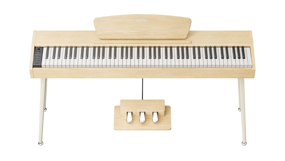 Donner DHP-100 PRO Digital Piano featuring a sleek design, 88 weighted keys, and various sound settings for versatile play.