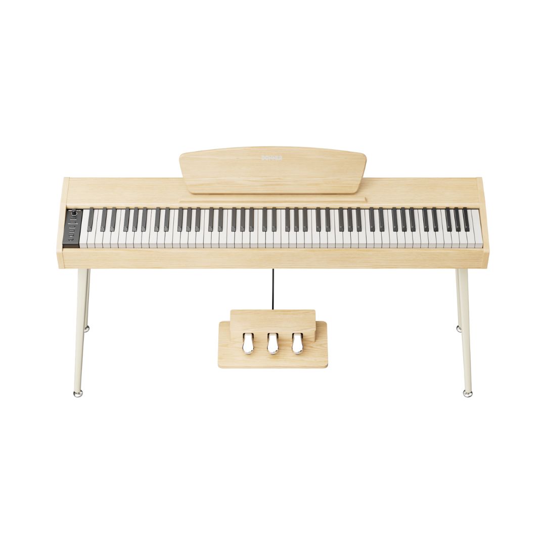 Donner DHP-100 PRO Digital Piano featuring a sleek design, 88 weighted keys, and various sound settings for versatile play.