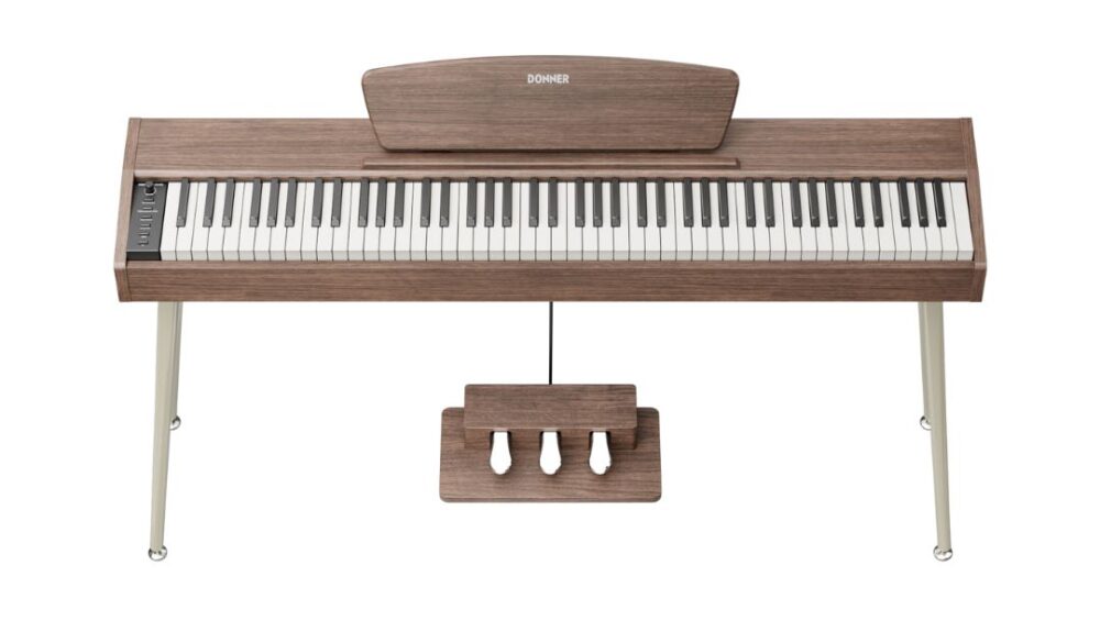 Donner DHP-100 PRO Digital Piano featuring a sleek design, 88 weighted keys, and various sound settings for versatile play.