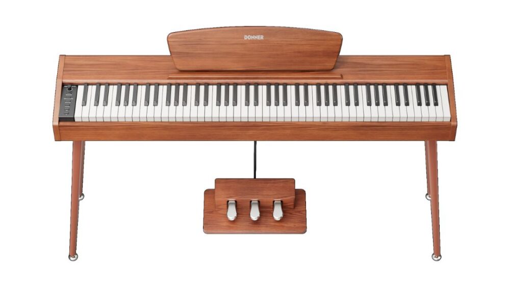 Donner DHP-100 PRO Digital Piano featuring a sleek design, 88 weighted keys, and various sound settings for versatile play.