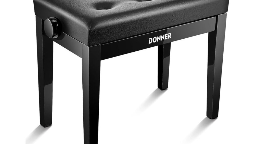 Black height-adjustable piano bench, model Donner EC7024, designed for comfort and versatility in music practice.