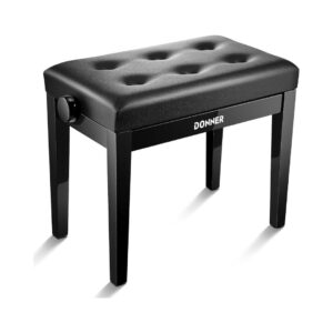 Black height-adjustable piano bench, model Donner EC7024, designed for comfort and versatility in music practice.